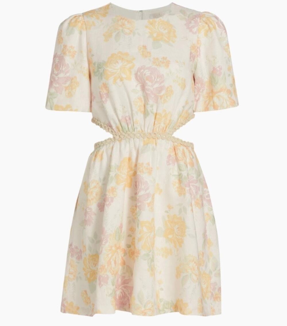 Wayf Plaza Cut-Out Minidress Yellow Garden Twee Floral Coquette Sz XL Cocktail